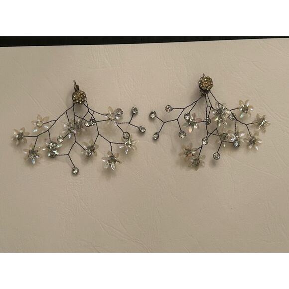 Sutain Vintage Largw 60s MCM Clip On Branch Sequin Rhinestone Earrings Floral - Picture 1 of 11